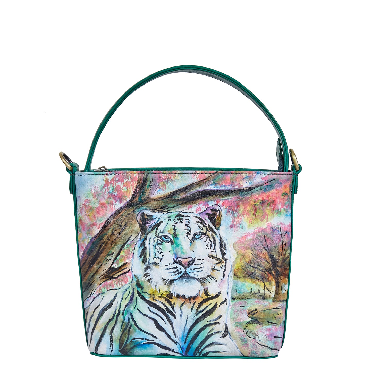 Sishka Hand-Painted Leather Satchel Bag – Majestic Tiger Art, Stylish Shoulder Purse with Detachable Strap.
